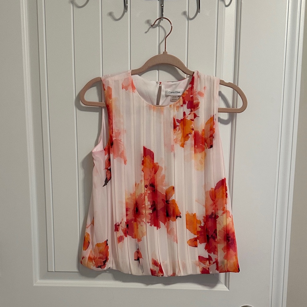 Calvin Klein Women's Floral Pleated Blouse - Pink and Orange